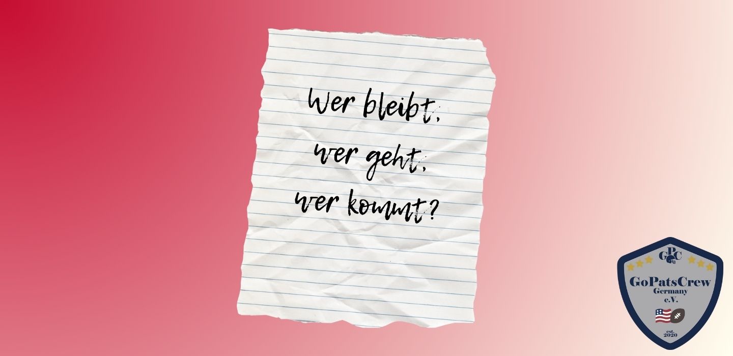 Notizzettel auf leerem Hintergrund mit dem Satz "Wer kommt, wer geht, wer bleibt?", unten rechts das Logo der GoPatsCrew