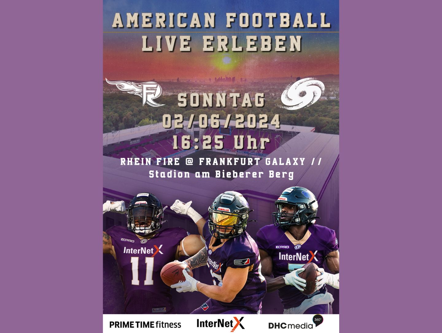 Ein Plakat mit der Ankündigung zu Spiel Rhein Fire at Frankfurt Galaxy am 2.Juni 2024.